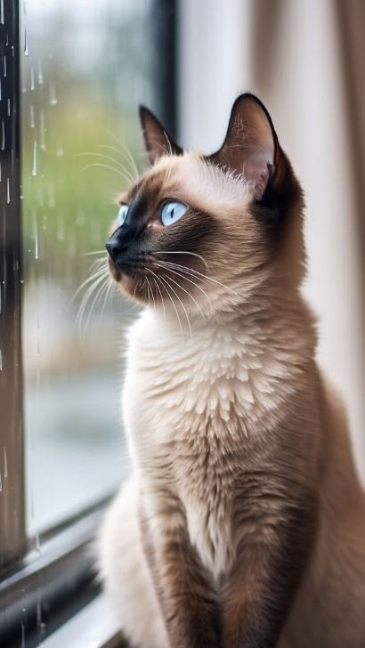 Siamese cat is watching the rain